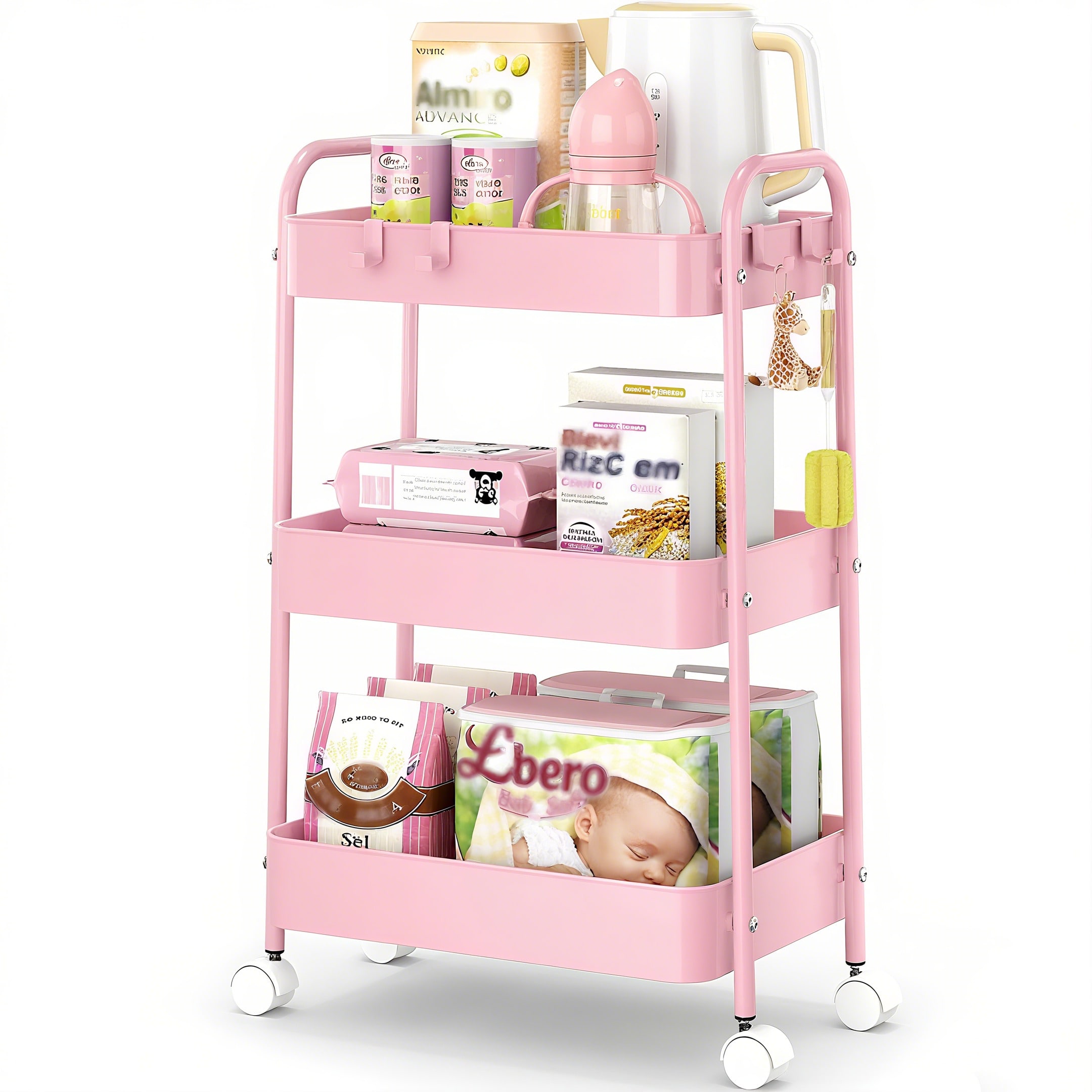Baby Nursery Basket - 3-poziomowy metalowy wózek na kółkach, nowoczesny