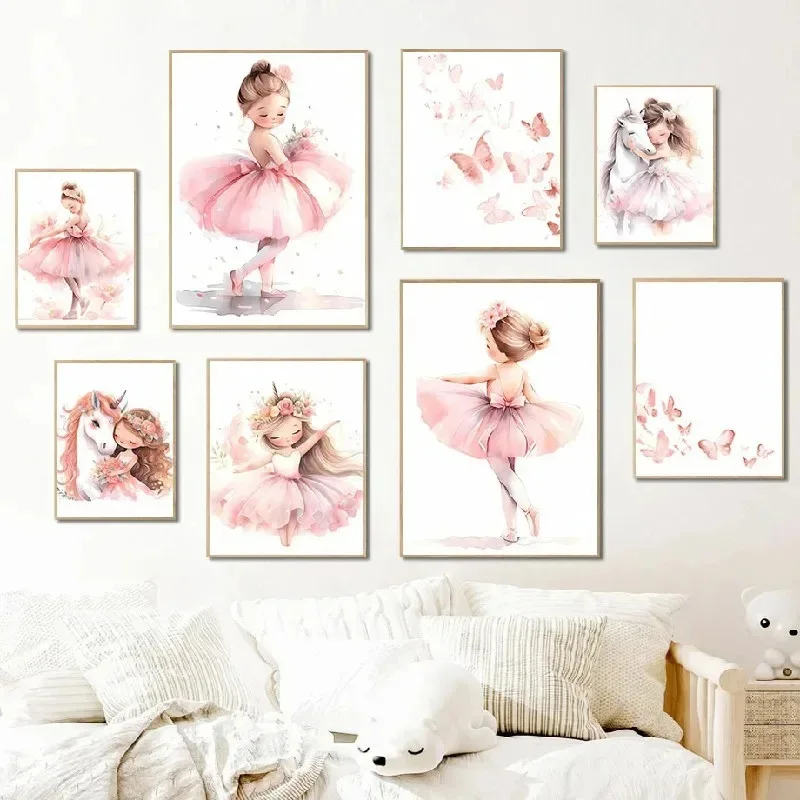 Baby Nursery Paintings - Różowy Plakat z Baletniczką, Jednorożcem i