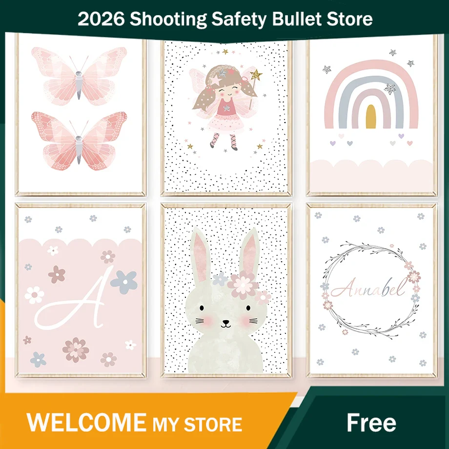 Baby Nursery Paintings - Urocza Dziewczynka Królik Kwiat Motyl Tęcza