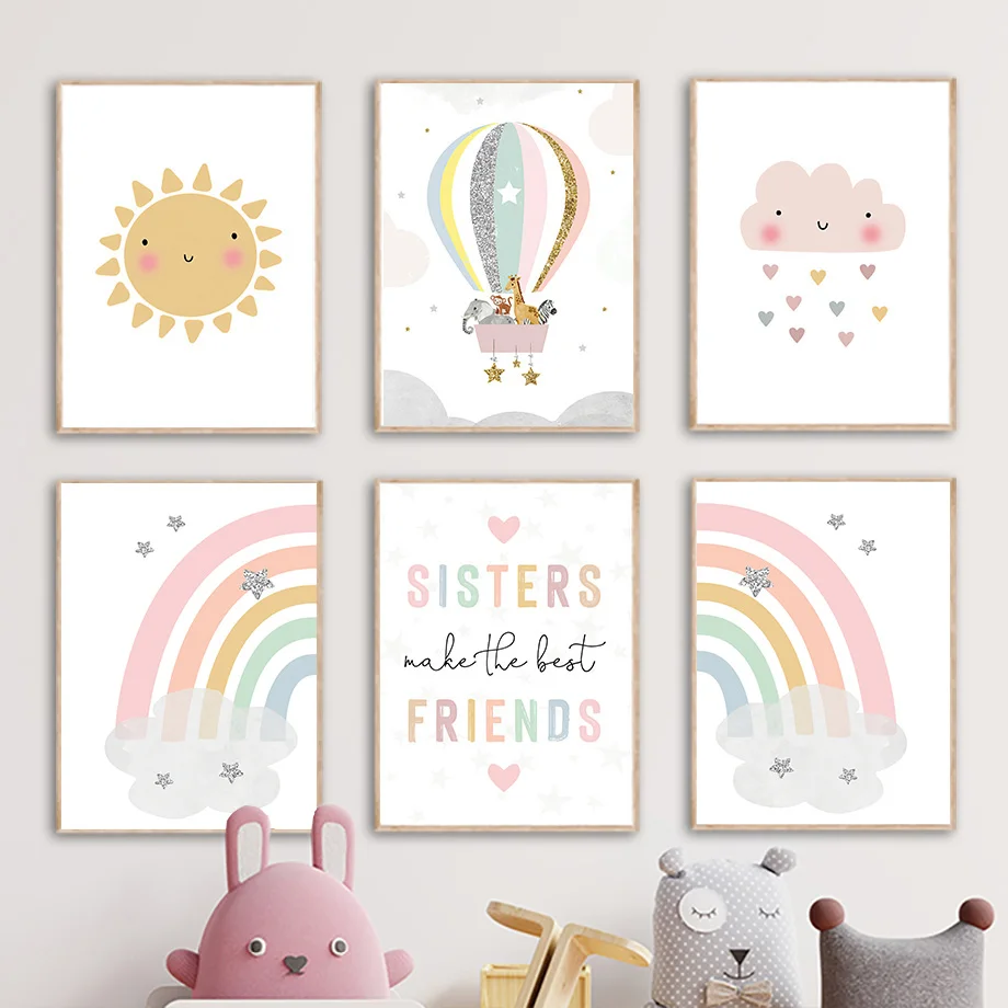 Baby Nursery Paintings - Żyrafa Słoń Balon Słońce Tęcza Plakaty
