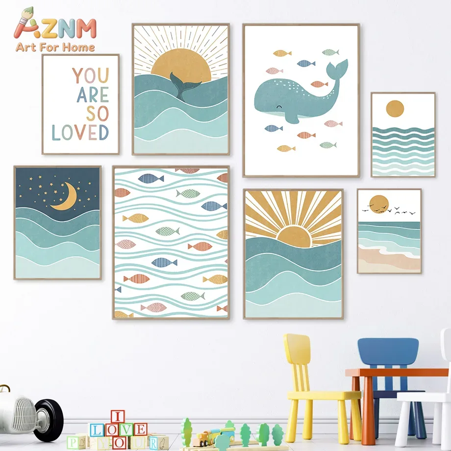 Baby Nursery Paintings - AZNM Boho Ocean Canvas Wall Art