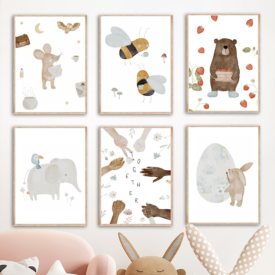 Baby Nursery Paintings - Boho Zwierzęta Przyjaciele Słoń Królik Niedźwiedź