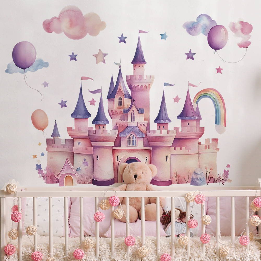 Baby Nursery Wall Mural - Różowe naklejki ścienne z motywem zamku,