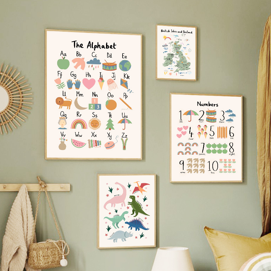 Baby Nursery Paintings - Mapa Świata Zwierząt Alfabet Dinozaurów Cyfry
