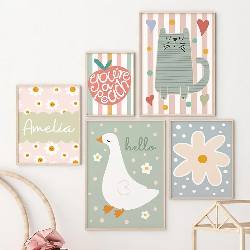 Baby Nursery Paintings - Kreskówkowy Kot Kaczka Ptak Jabłko Personalizowane