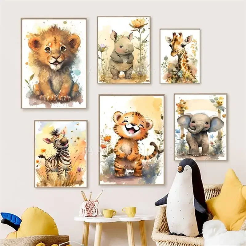Baby Nursery Paintings - Akwarelowe Lwy Żyrafy Tygrysy Słonie Zebry