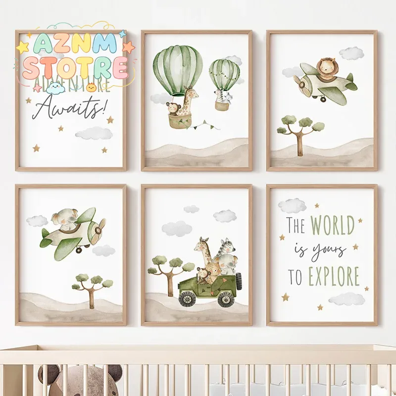 Baby Nursery Paintings - Plakaty ze zwierzętami w balonach na