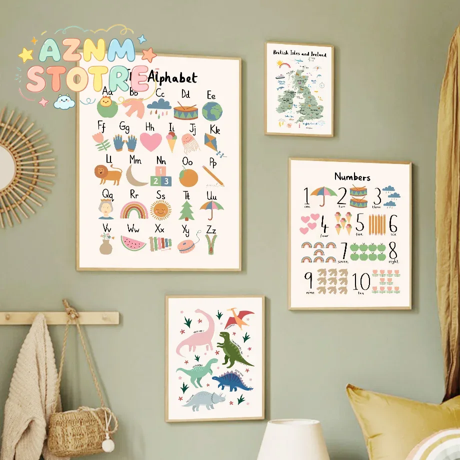 Baby Nursery Paintings - Mapa świata zwierząt, dinozaury, alfabet, cyfry